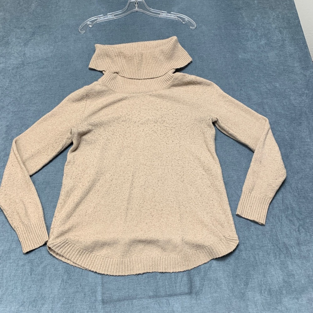 Tahari Sweater Womens Small Beige Ribbed Trim Long Sleeve Turtleneck Pullover
